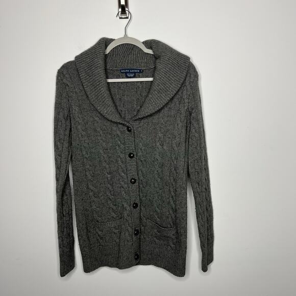 Ralph Lauren Cardigan Sweater Womens Medium Gray Cashmere Wool Shawl Collar Vtg - Picture 1 of 12